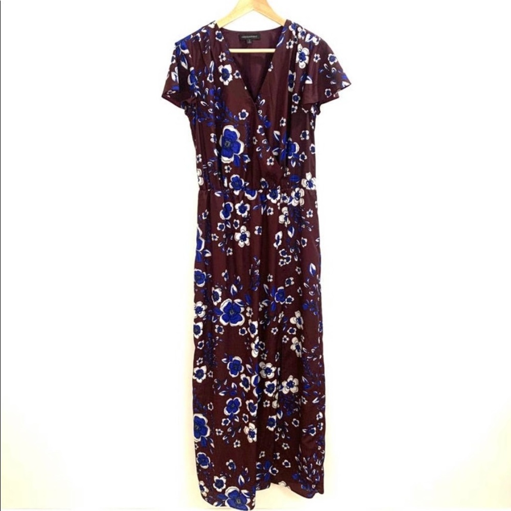 Banana Republic Maxi Dress Size Small TALL Maroon Floral Short Sleeve NO BELT